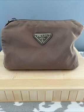 Prada Brown Nylon Toiletry/Cosmetic Pouch with Logo Plaque